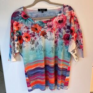 B.L.E.U. Floral Striped Top Womens XL Multicolor Excellent Rhinestone Dolman